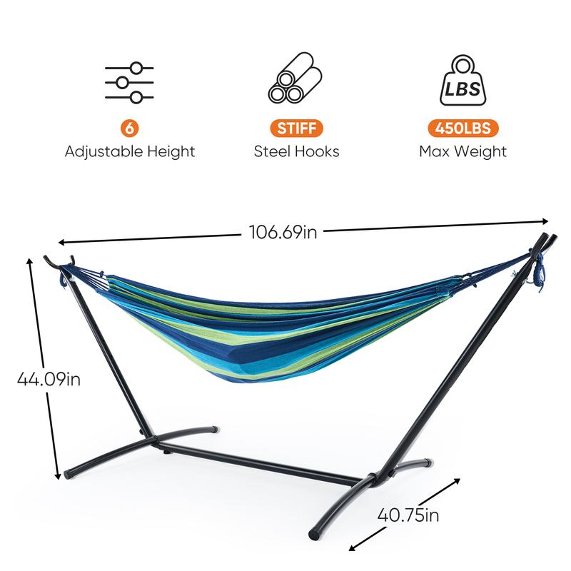 Double Hammock With Carry Bag, With Space-Saving Stand, Heavy-Duty Steel Frame, 450 Lb. Load Capacity, Easy To Assemble, For Patio, Park, Outdoors