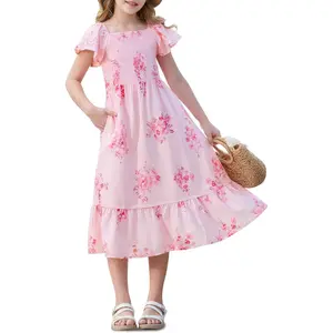 Haloumoning Girls Summer Dresses Kids Square Neck Ruffle Sleeve Smocked Midi Dress with Pockets 5-14 Years