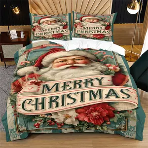 Home Christmas Decoration Bedding Set, 1 Fitted Sheet & 1/2 Pillowcases, Santa Print, Super Soft Comfort, Bedroom Decor