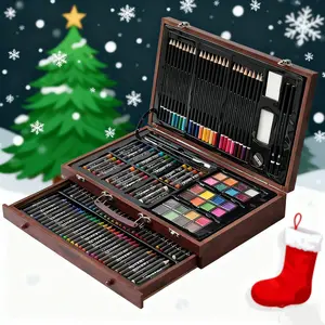 140-Piece Luxury Wooden Art Painting Set, Art Materials, Includes Paint Brushes, Colored Pencils, Oil Pastels, Watercolor Paints, Sponge, Eraser