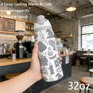 Bat Ghost 32oz Dual Drink Sports Water Bottle, 304 Stainless Steel Large Capacity Vacuum Insulated Thermo Tumbler Cup Drinkware, Perfect Gift for Women, Home Outdoor Travel, Thermal Flask