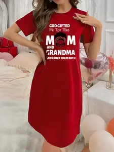 Soft and Slightly Stretchy Women's Nightgown Christmas Attire God gifted me two titles MOM and Grandma Pattern Short-Sleeve Crew Neck Nightdress Sexy, Elegant, and Youthful Women's Christmas Dress Perfect for Halloween, Christmas, and New Year's Gifts