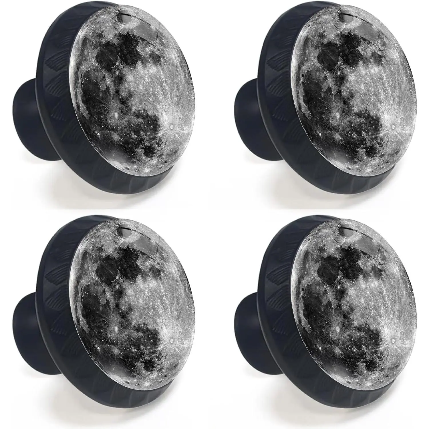 4-Pack Moon Textured Crystal Doorknobs - Round Black Comfortable-to-Touch Drawer Pulls, 1.37x1.10x0.66in Dresser Cupboard Door Handles with Printed Patterns for Living Room, Bathroom