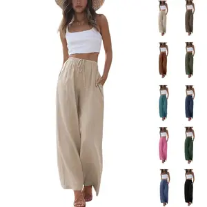 WoodBerry Women's Mid-Waist Plain Cotton Linen Summer Palazzo Pants - Loose-Fitting, Flowy Wide-Leg, Machine Washable Beach Trousers with Pockets, Casual Chic Comfy Minimalist Apricot Bottoms