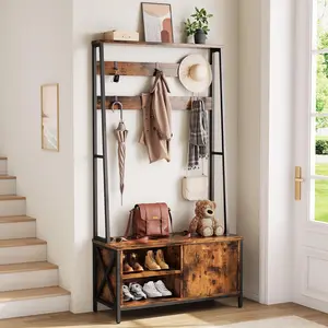 Hall Tree With Bench and Shoe Storage, Coat Rack With Shoe Storage, Wood Look，Coat Rack With Bench，Industrial Style, Large 6 Hooks, 31.5" X 15.8" X 71" Retro Brown Color
