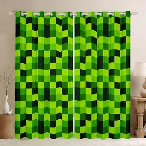 Green Pixelated Miner Blackout Curtains Video Games Window Curtains 2 Panels,,Cartoon Gamepad Window Treatments Drapes Geometric Check Checkered Grid Curtain