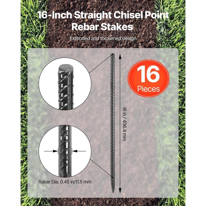 VEVOR Rebar Stakes, 16-Inch, Heavy-Duty 0.45 in Diameter, Straight Galvanized Steel Ground Anchors with Chisel Point End & Rust-Resistant Coating, for Gardening Support, Fence, Camping Tents (16-Pack)