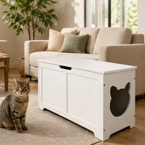 ARCH 39.4in Top Open Cat Litter Box Enclosure Furniture Hidden Litter Box Cover Cabinet for Large Cat Dog Proof Hideaway Litter Box Cat House Washroom End Table Storage Platform Cream White MDF Classic, Cream White Color Options, MDF Material