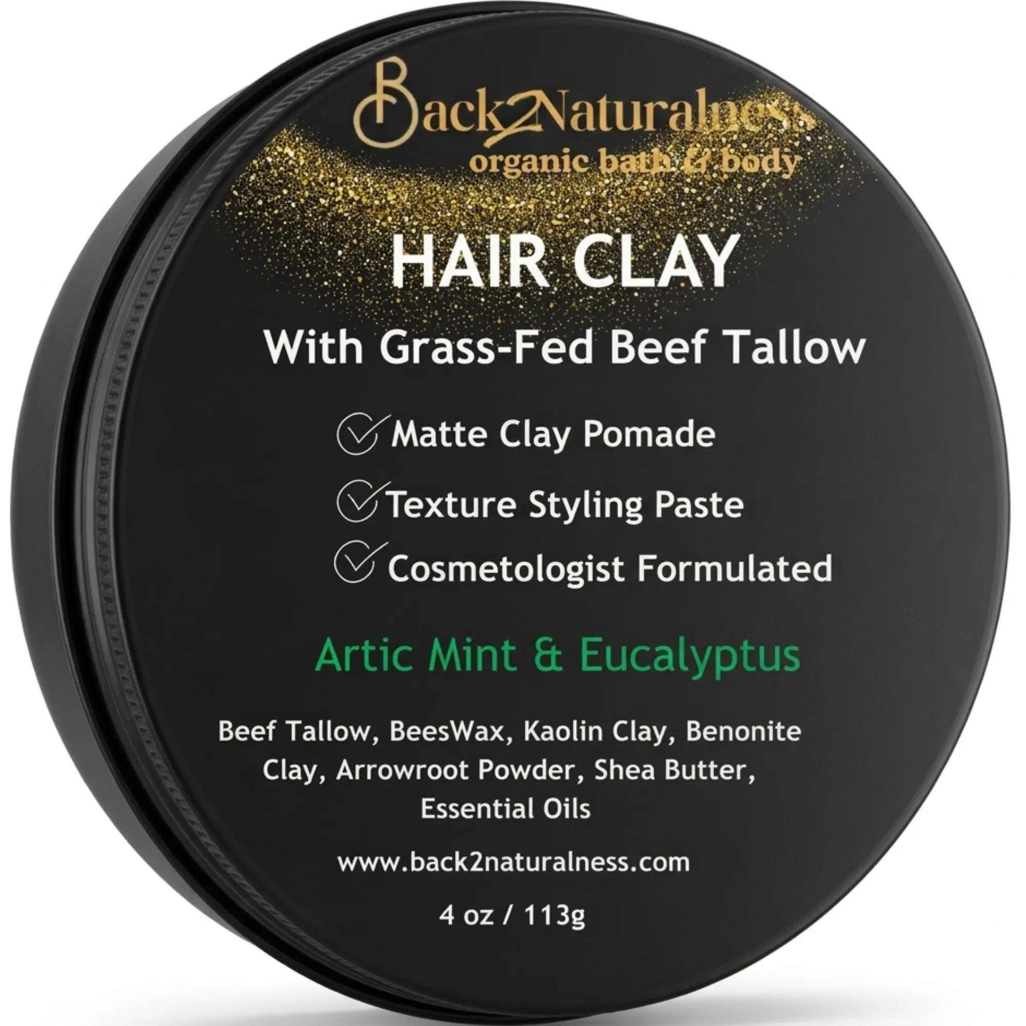 Back2Naturalness Tallow Hair Clay for Men – Strong Hold Matte Finish Styling Clay – Natural Hair Pomade Alternative – No Parabens or Petroleum – Adds Texture, Volume & Definition – Mint + Eucalyptus – Non Greasy – All Hair Types – 4 oz Gel Haircare Scent