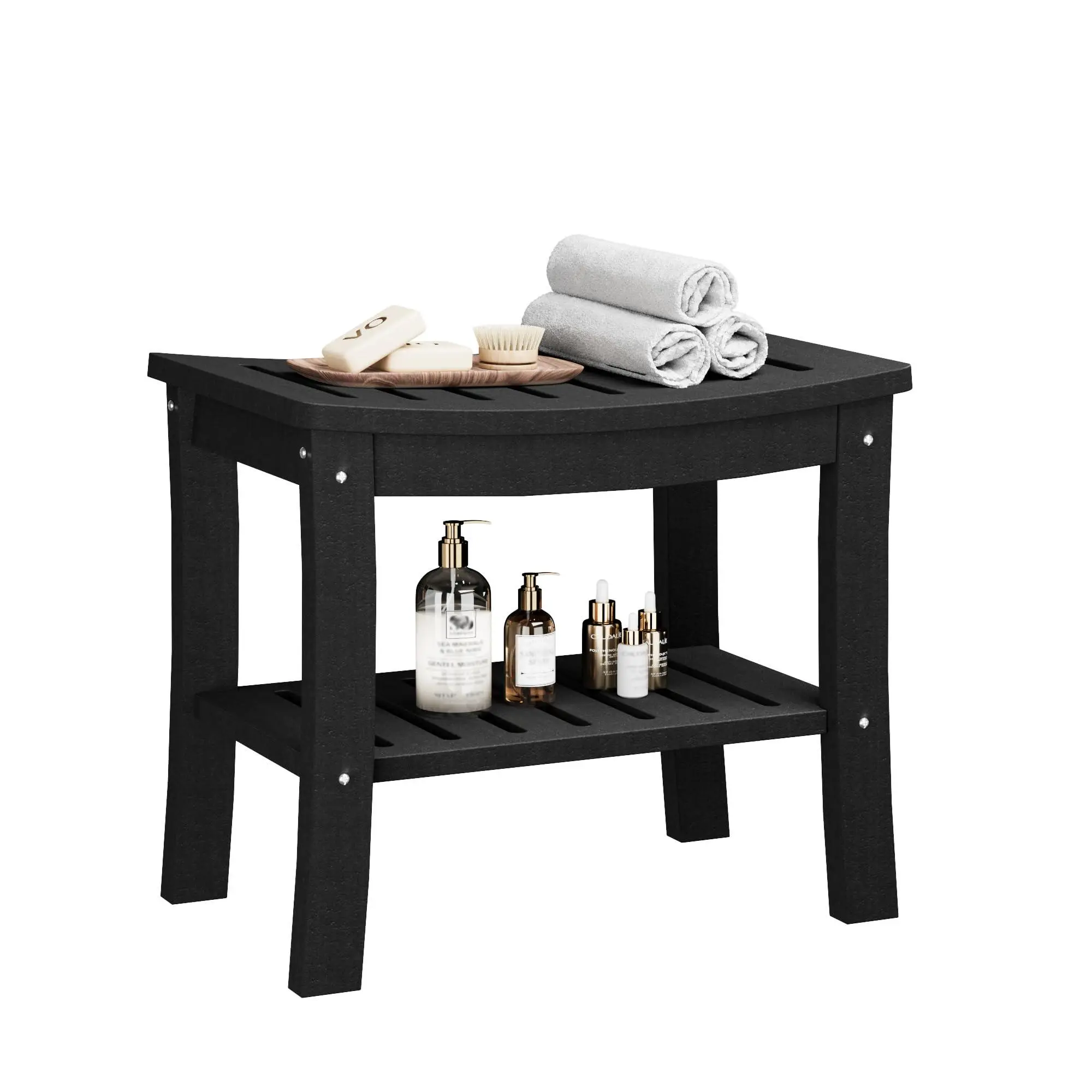 Black HDPE Wood-Like Shower Bench with Built-In Storage Shelf - Waterproof, Non-Slip, Curved Edge Seat - Easy-to-Clean, Smooth-Grained, Space-Saving Indoor Furniture for Bathtub, Bedrooms, Living Room Doorways - Low-Maintenance, Assembly Required