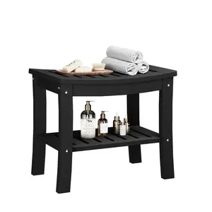 Black HDPE Shower Bench with Storage Shelf, Waterproof Shower Seat Stool Chair for Bathroom Bathtub, Non-Slip Spa Stool, Indoor Outdoor Use, Space-Saving, No Maintenance