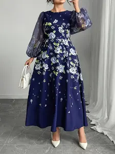 Plus Size Women's Floral Transparent Chiffon Lantern Sleeve Elegant Chic Dress, Long Sleeve All over Print, Casual Wear Summer Fashion