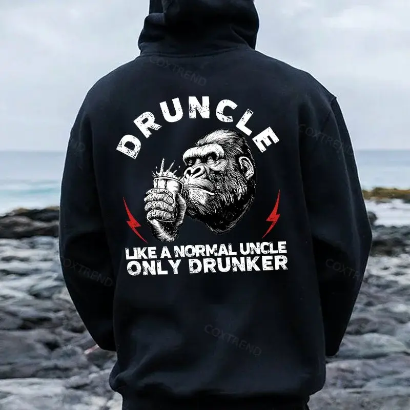 Men's Fitted 'Drunkle' Letters Graphic Long-Sleeve Pullover Hoodie Sweatshirt - Funny Sarcastic Streetwear Top, Casual Fall Winter Gift for Halloween, Christmas, New Year, With Pockets, Hooded, Drawstring, Machine Washable