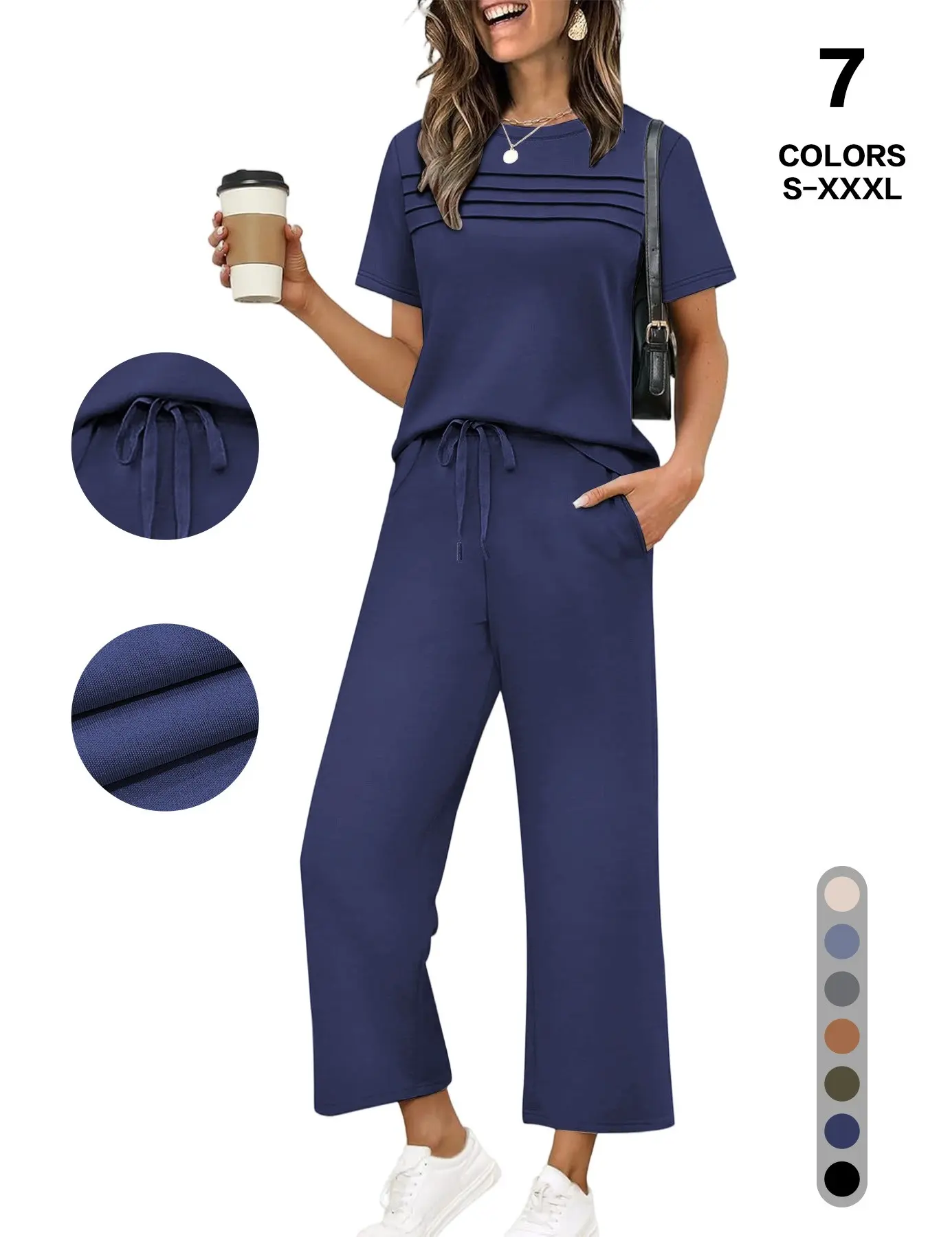 Women's 2-Piece Casual Fit Short Sleeve Pajama Set, Breathable Top + Drawstring Pants with Pockets, Fashionable for Home & Office, Loungewear, Casual Pajamas Set