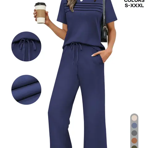 Women's 2-Piece Casual Fit Short Sleeve Pajama Set, Breathable Top + Drawstring Pants with Pockets, Fashionable for Home & Office, Loungewear, Casual Pajamas Set