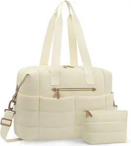 Travel Duffel Bag, Puffer Gym Bag for Women Lightweight Weekender Overnight Bags, Carry On Tote For Spirit Airlines Personal Item Bags with Toiletry Pouch (Beige, M)