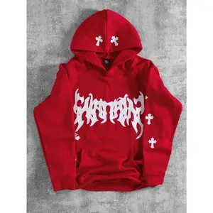 Men's Contrast Color Cross Print Red Hooded Long Sleeve Casual Sweatshirt Hoodie, For Friends, Husband, Boyfriend Gifts Menswear Stretch Tops Pullover