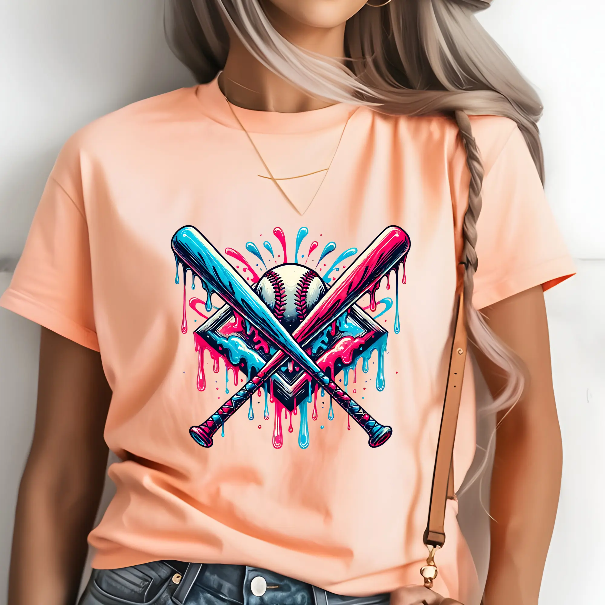 Vibrant Dripping Paint Baseball & Bat Detailed Design DTF Print - Ready-to-Press Direct-to-Film Apparel Print, Ideal for T-Shirts, DIY Projects Printmaking Embossing Accessory
