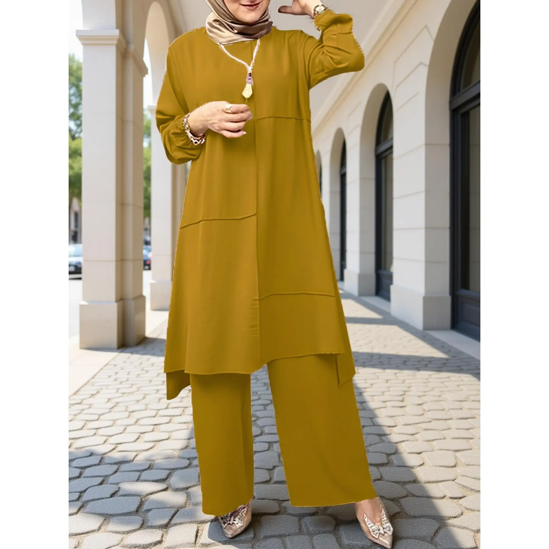 Elegant Two-Piece Urban for Muslim Women Featuring a Loose-Fitting Stylish Blouse with Puff Sleeves And Wide-Leg Pants