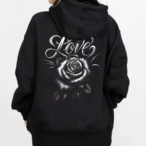 Love and Rose Chicano Clothing Lowrider Chicana Art Gangster Cholo Outfit Cotton Fabric Menswear Casual Streetwear Hoodie Unisex Loose Oversized Pullover Black Long Sleeve Crewneck Sweatshirts