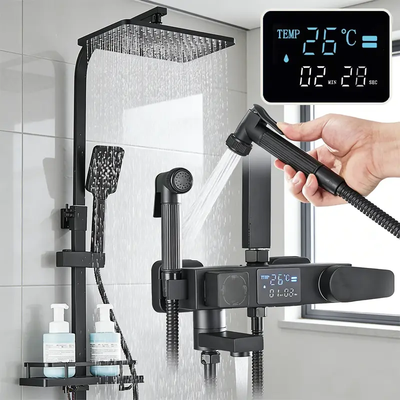 Matte Black Shower System with LED Digital Temperature & Time Display, Wall‑Mounted Rainfall Shower Faucet Set, 4‑Functions Bathroom Modern Exposed Shower Set, 8 × 12 Inch High Pressure Rain Shower, 3 Settings Handheld Shower, Bidet Sprayer, Tub Spout