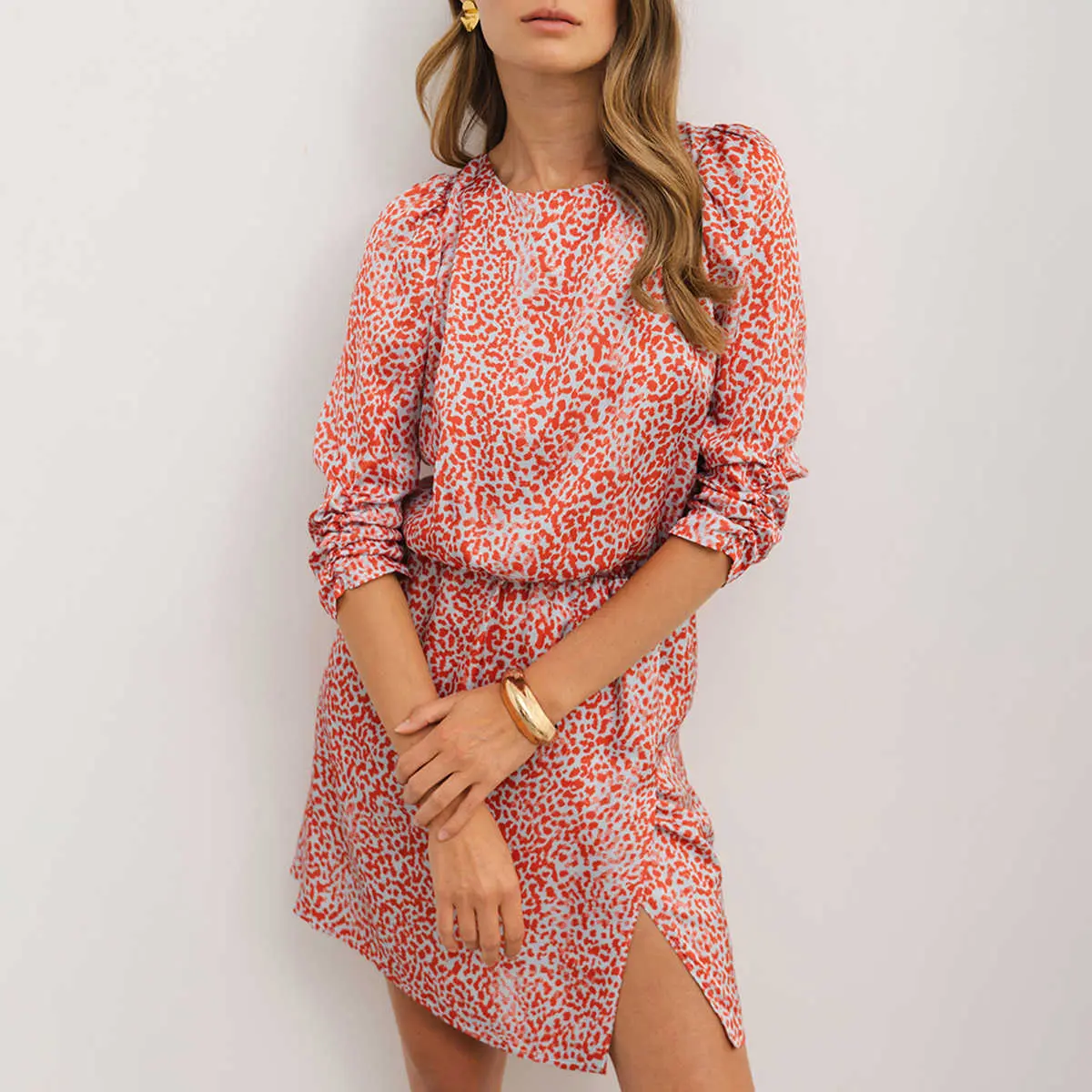 Tomato Red Leopard Print Long Sleeve Hollowed Back Split Mini Dress