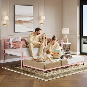 Daybed with Trundle,Trundle Bed Twin with Heart-Shaped Headboard,Sturdy Metal Day Bed with Steel Slat Support,Twin Daybed for Living Room,Bedroom and Guest Room,Easy Assembly,Pink