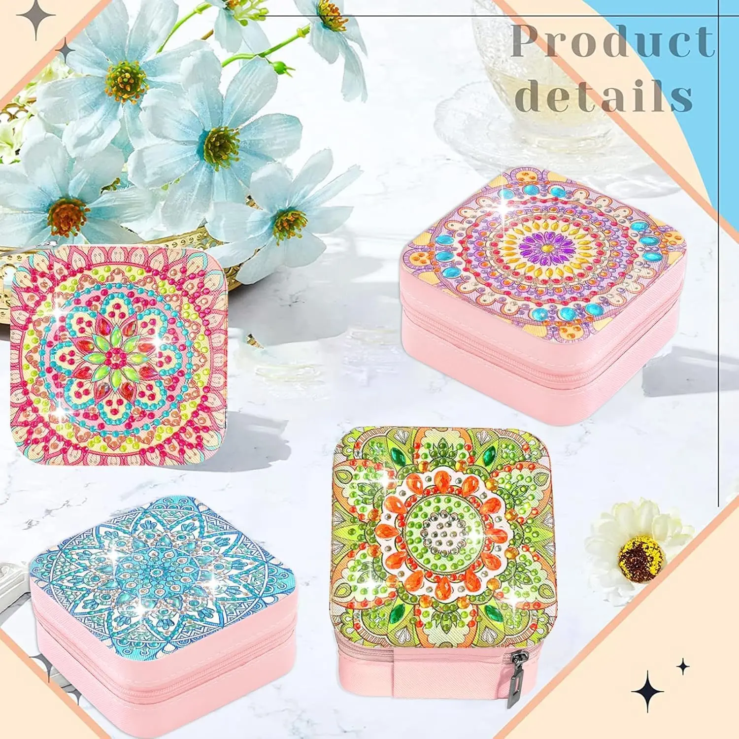 Set of 4 Portable Mandala Jewelry Storage Boxes, DIY Diamond Art Pattern, Small Travel Organizer for Rings, Necklaces, Bracelets, Compact Display Case