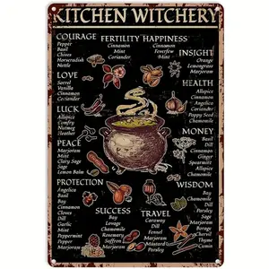 Vintage Kitchen Witchery Chart Metal Sign, Baking Themed Wall Art, Wall Decor for Home Kitchen Garden, Ideal Halloween Decor, Wall Metal Plaque