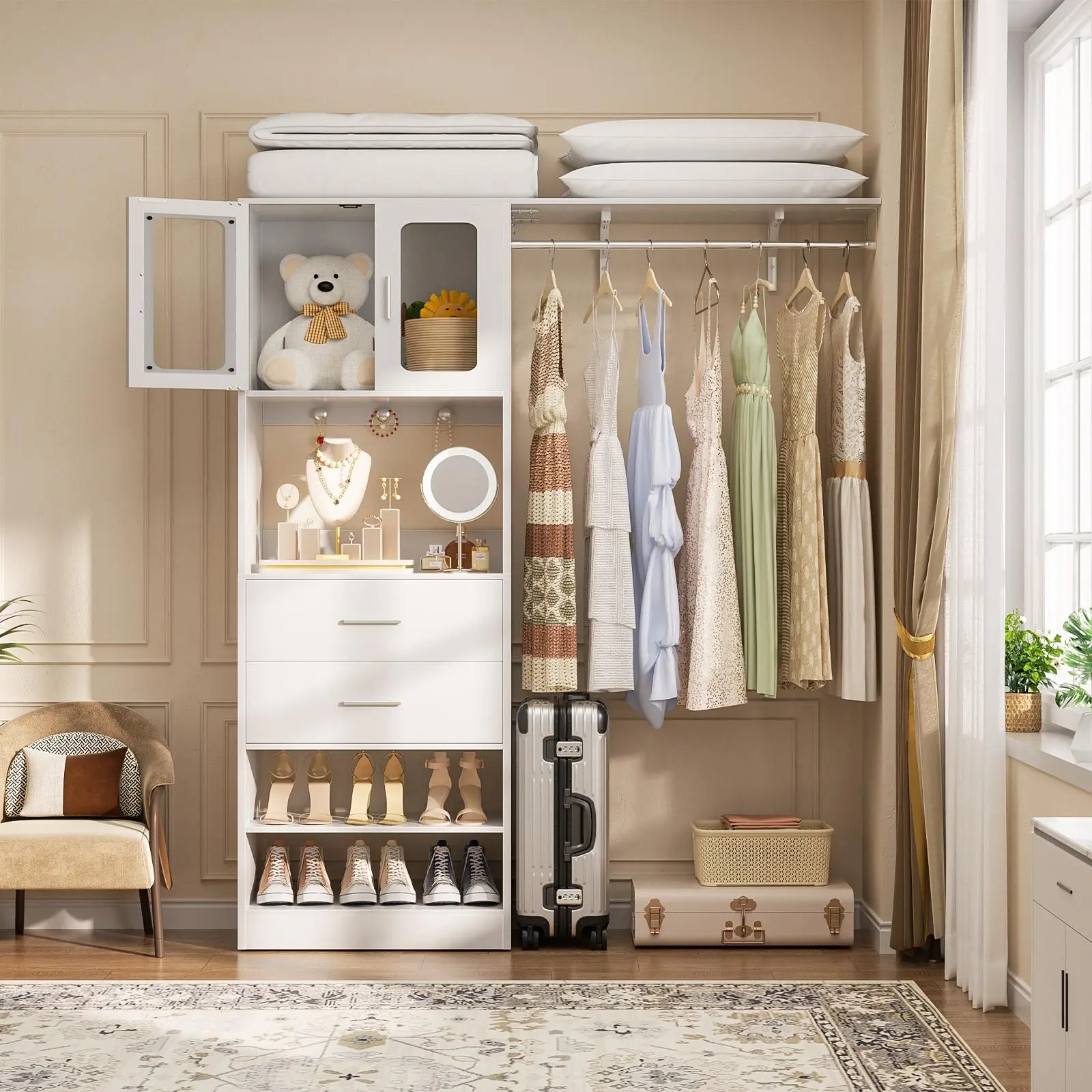 Unikito Modern 60'' W Walk-in Closet Organizer with Ample Door Storage Cabinet and 2 Wooden Drawer, Sturdy Wardrobe Closet System with Hanging Rod and DIY Shelving,