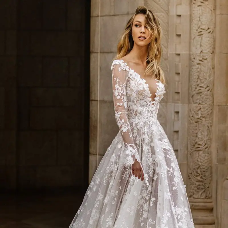 long sleeve tea party dresses for women Long Sleeves V-neck Tea Length Chiffon Wedding Guest Dresses, Champagne