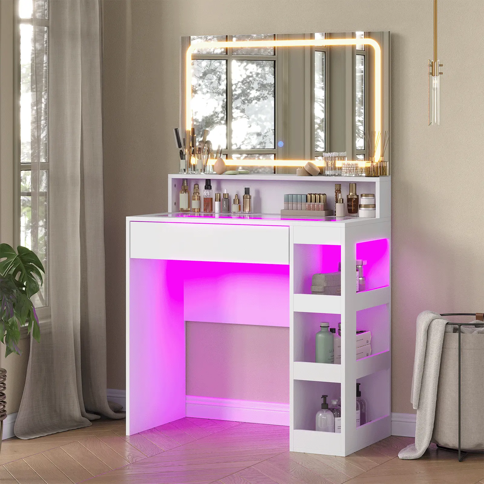 White LED Makeup Vanity Desk with Large Lighted Mirror, 3 Color Adjustable Mirror Lights, APP Controlled RGB Ambient Light Strip, Tempered Glass Tabletop, Spacious Multi-Tier Storage Shelves & Big Drawer, Modern Makeup Table for Girls Bedroom