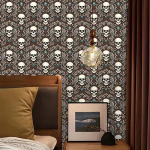 Skull Pattern Wallpaper for Halloween Decoration, Easy Peel and Stick Wallpaper for Living Room Bedroom and Stair Renovation