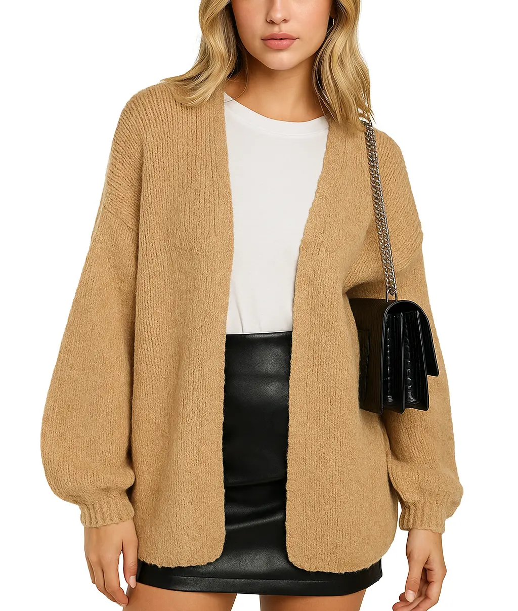 Women's Knitting Basic Tops - Sheer V-Neck Open-Front Cardigan, Lantern Long Sleeves, Lightweight Elegant Comfortable Multi-Size Fall Style Casual Sweater