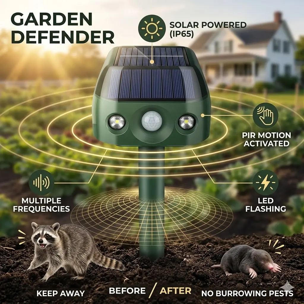 360-Degree Animal Repeller — An Ultrasonic Device for Outdoor Use. Solar-Powered Cat Repeller and Motion-Activated Intrusion Deterrent. Effective against deer, squirrels, rabbits, and raccoons. Ideal for gardens, lawns, and outdoor spaces.