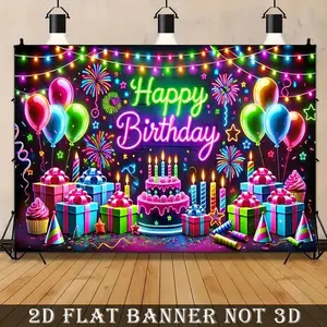1PC,2D Flat Neon Happy Birthday Backdrop,Colorful Balloons Cake Gift Box Decor Banner,Perfect for Kids Adults Birthday Party Decorations,Photo Booth Props,Indoor Outdoor Wall Door Hanging Decor