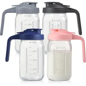 4 Pack 32oz Glass Pitcher with Lid, Double Leakproof Glass Mason Jar Pitcher with Pour Spout Lid, 1 Quart, Wide Mouth Storage Container for Breastmilk, Sun , Juice, Cold Brew Coffee, Water
