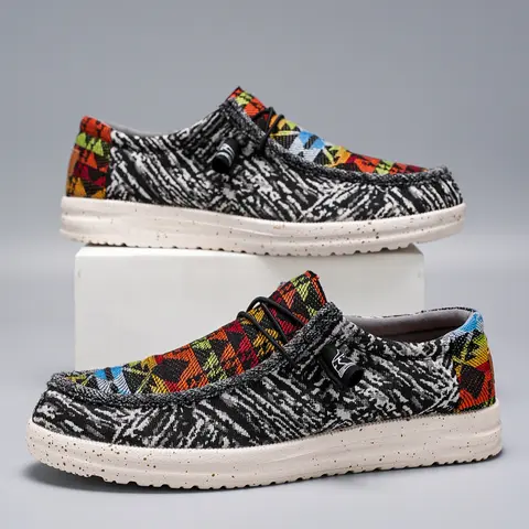 Men's Casual Canvas Slip-On Sneakers with Geometric Pattern, Round Toe and EVA Insole, All-Season Comfortable Walking Trainer Shoes with Durable EVA Sole, Casual Trendy Trainers Daily Street Shoes