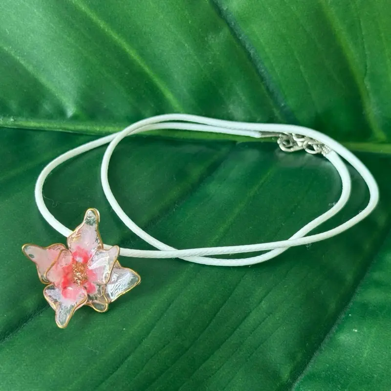 Resin Handmade Necklace with Floral Design and White Cord