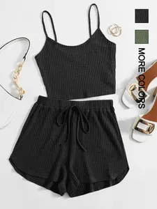 Two-piece Set Women's Solid Waffle Crop Cami Top & Drawstring Waist Shorts, Casual Fashion Cozy Outfits for Daily Outdoor Wear, Ladies Clothes for All Seasons, Summer