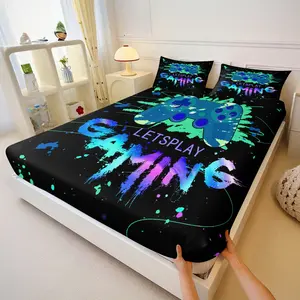 Cool Colorful Splatter-Print Gaming Fitted Sheet Set,Including 1 Fitted Sheet & 2 Coreless Pillowcases.Featuring A Lightning Bolt Gaming Controller Design,Modern Minimalist Bedroom Bedding Set,Suitable for Teenagers,Gamers,Bedroom Decorations Gifts
