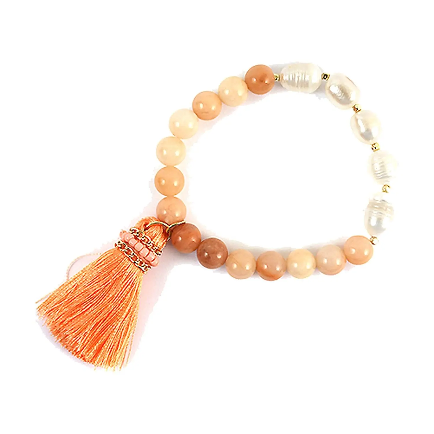 Western Stakes Natural Stone Beads with Thread Tassel Bracelet - Peach