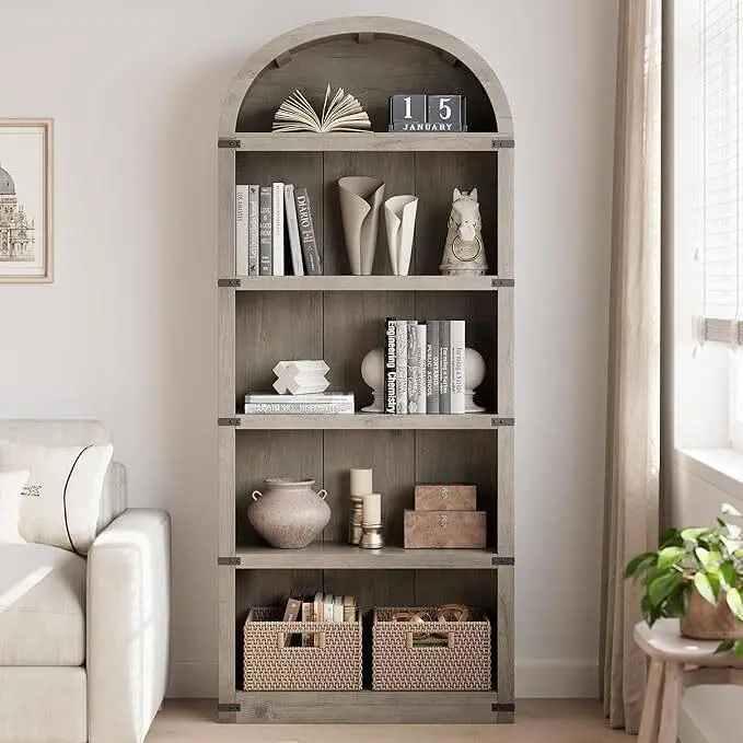 Bookcase 5 Shelf Arched Bookshelf 71.65in Tall Bookcase Farmhouse Display Storage Rack Wooden Bookshelves for Home Office, Living Room (Gray)