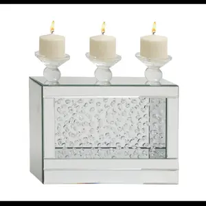 Silver Wooden Pillar 3 Plate Candelabra with Mirrored Accents and Crystals 16 x 4 x 15 for Elegant Home Decor