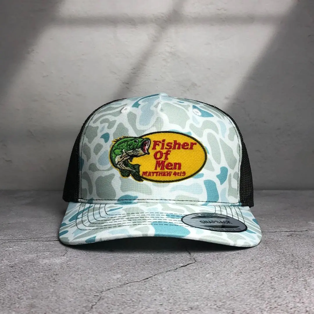 Christian Fishing Embroidered Patch Trucker Snapback Hat - Adjustable Duck Camo Mesh Unisex Cap, Bass Fisher of Men Outdoor Wear, 1 Size, Blank Front Option, Dad Gift for Anglers, Baseball Cap
