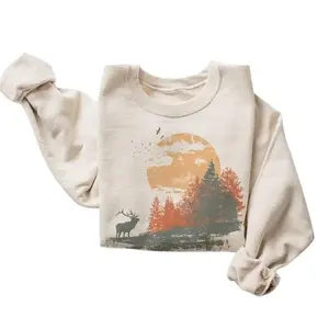 Vintage Wildlife Sweatshirt with Abstract Bull Elk & 90s Sunset Graphic - Unisex Casual Long Sleeve Cotton-Polyester Crewneck