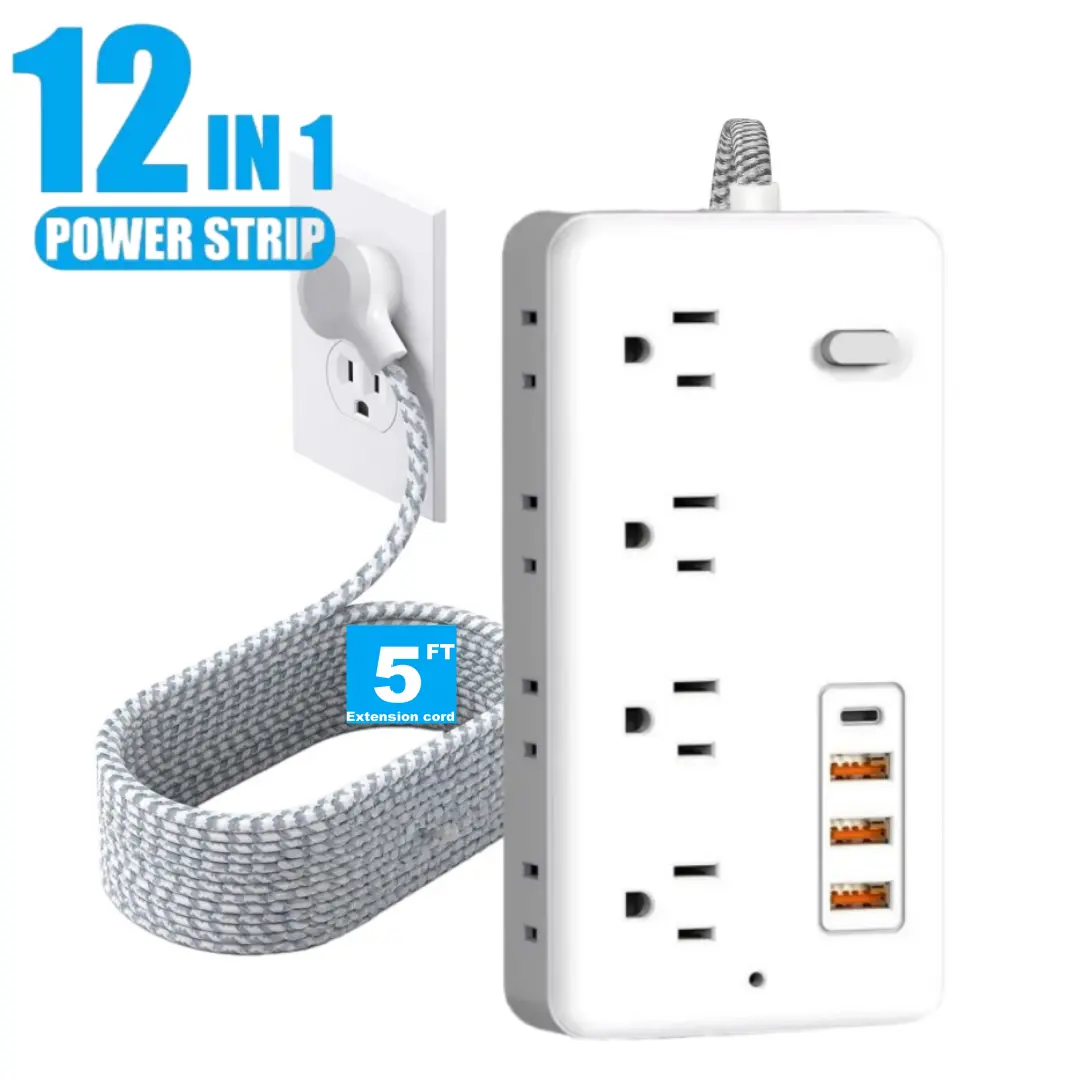 Surge Protector Flat Extension Cord Flat Plug Power Strip, 8 AC Outlets, 4 USB Charger(1 USB C Port) 3-Sided Outlet Extender, 5Ft Braided Extension Cord Charging Station,  Office Supplies, Dorm Room Essentials