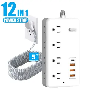 Surge Protector Flat Extension Cord Flat Plug Power Strip, 8 AC Outlets, 4 USB Charger(1 USB C Port) 3-Sided Outlet Extender, 5Ft Braided Extension Cord Charging Station,  Office Supplies, Dorm Room Essentials