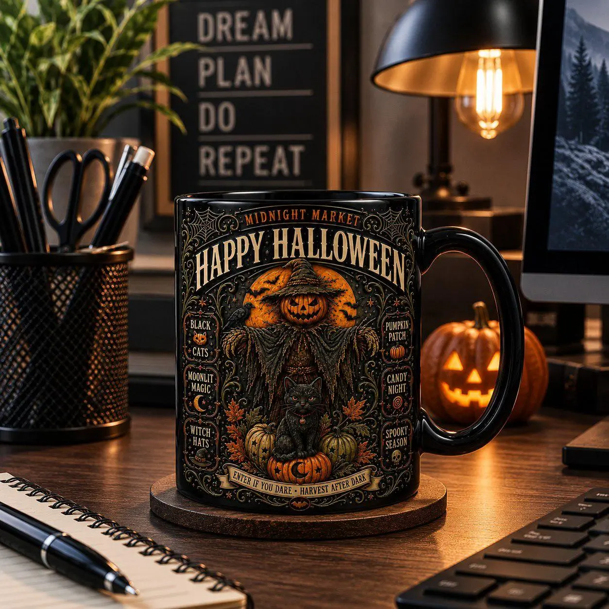 Vintage Halloween Black Ceramic Mug 11oz, Spooky Pumpkin Scarecrow & Black Cat Coffee Cup, Gothic Fall Decor Gift for Halloween Lovers