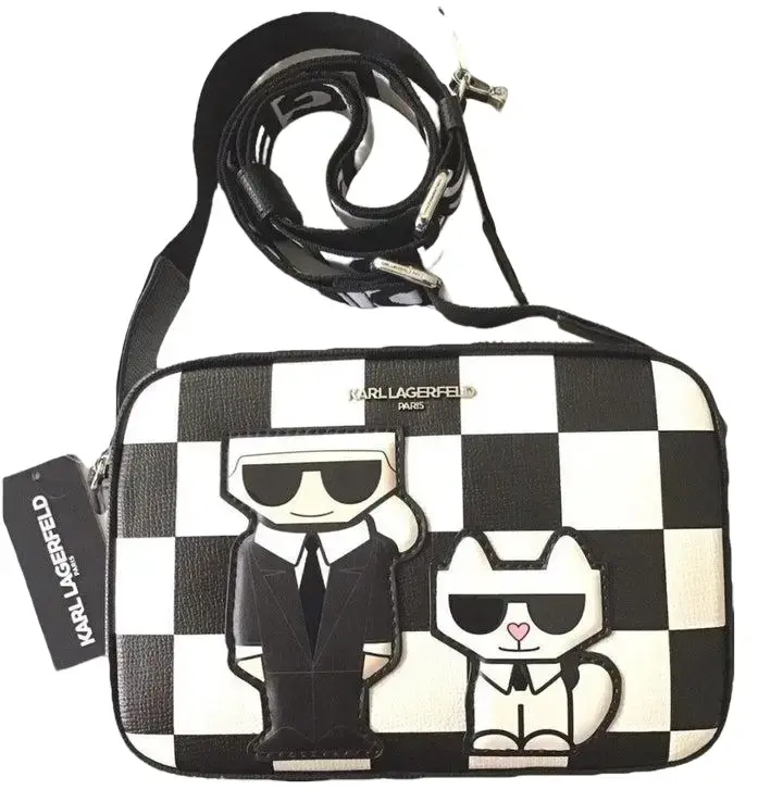 Women's Maybelle Crossbody Bag - Black White Check Combo, Adjustable Strap, Casual Chic Style, Media Pockets, Multi-Compartment, NWT, Outside Slip Pocket